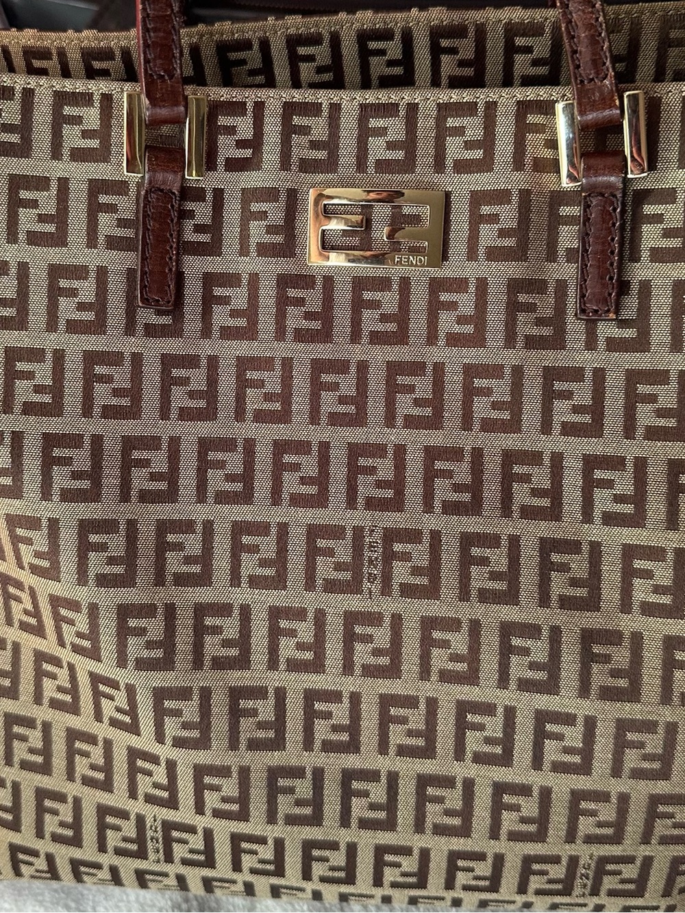 FENDI Zucca Tote Bag Vintage Brown Canvas Shoulder Bag Gold FF Hardware - Picture 4 of 11